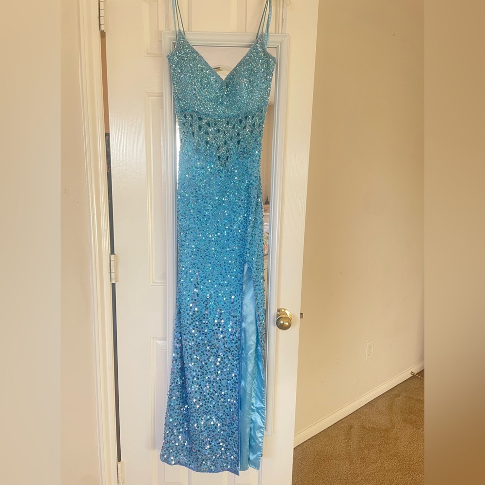 Vintage Precious Formals Blue Sequin Corset Dress With Slit. 100%SILK
